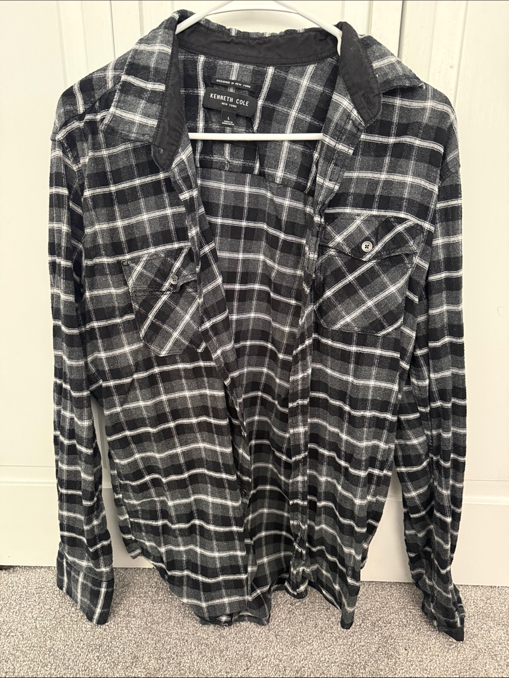 Kenneth Cole Black and Gray Plaid Button-Down Shirt